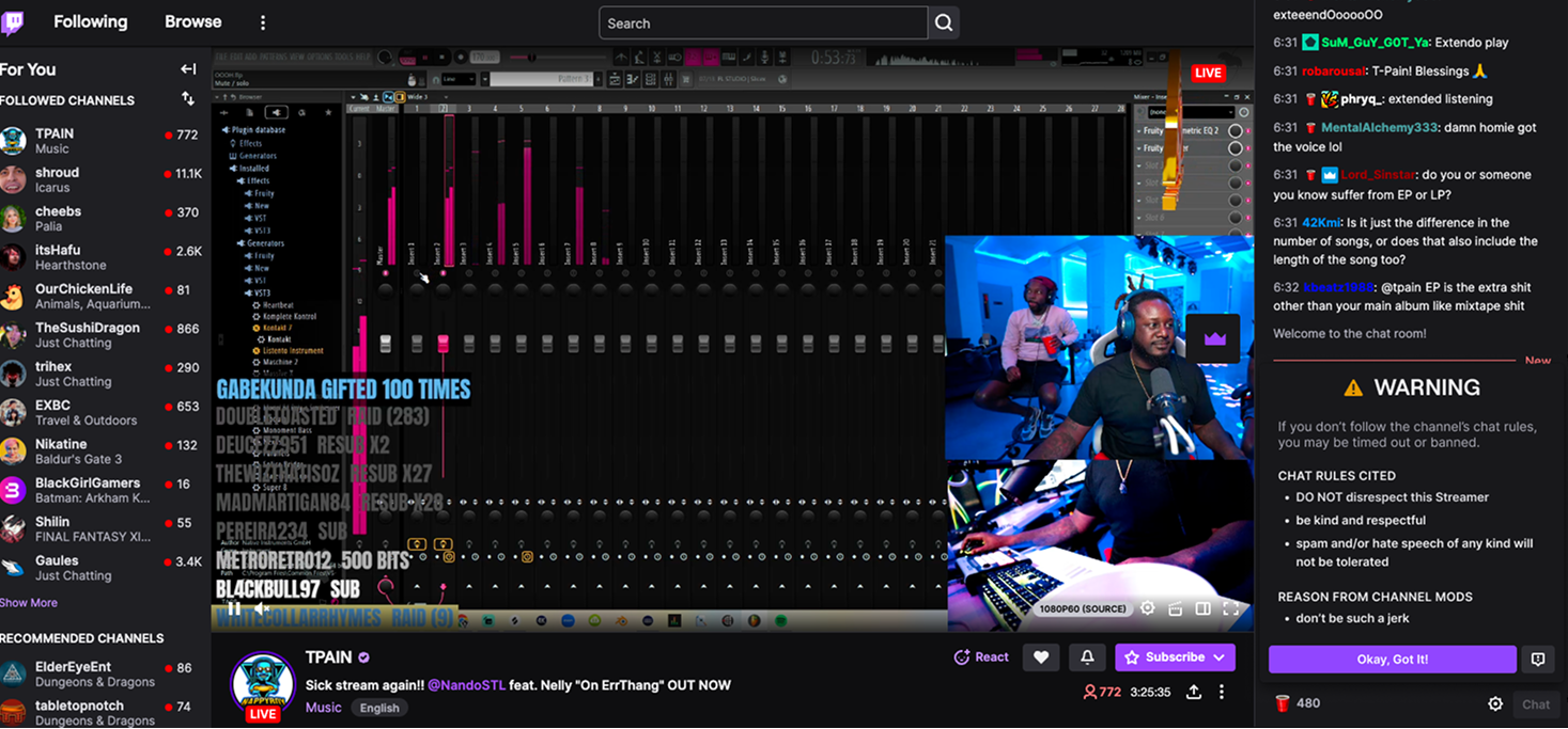 TPain’s Twitch channel page with a chat warning being shown to the user.